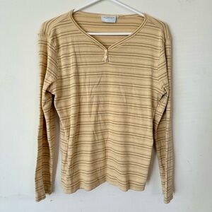 Liz Claiborne Lizwear Butter Yellow Striped Henley Long Sleeve Tee Shirt - Small